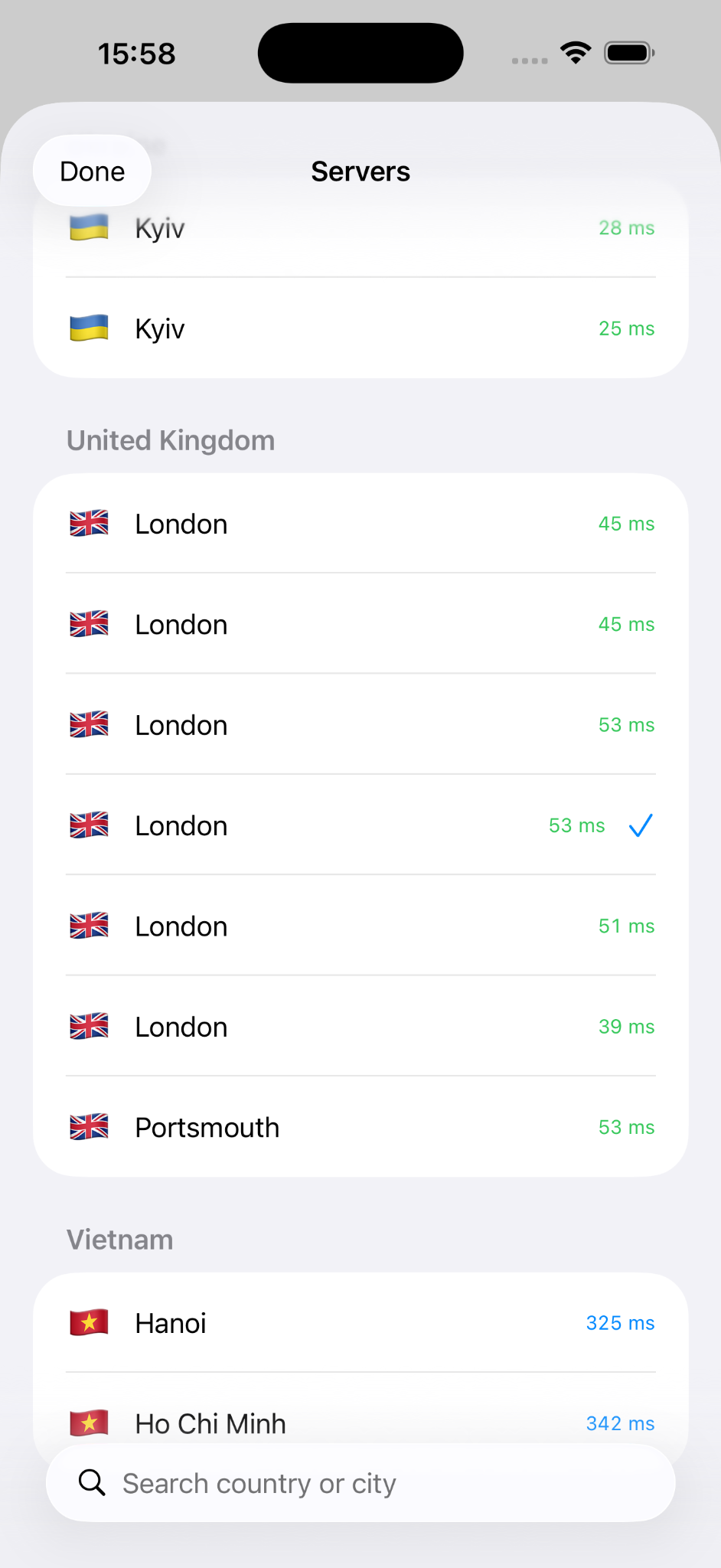 BBVPN iOS server list screen