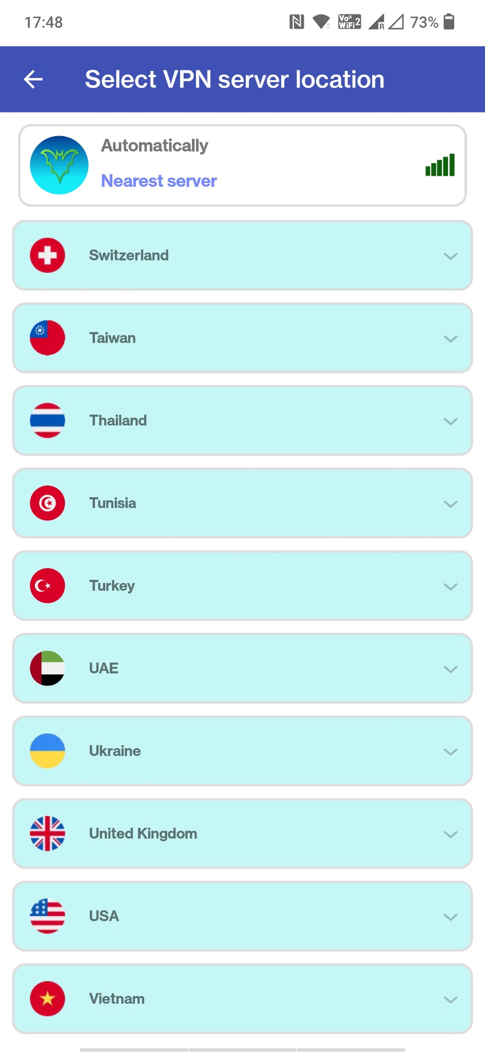 BBVPN Android server locations screen