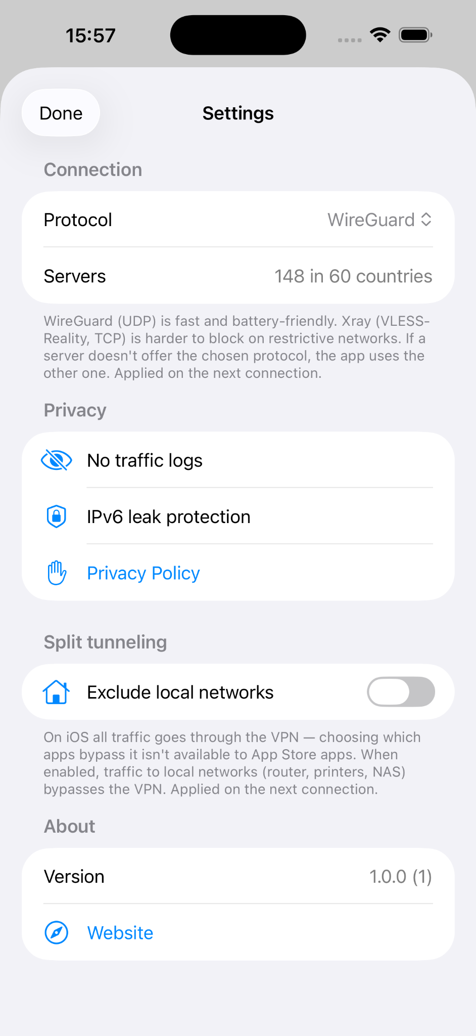 BBVPN iOS privacy settings screen